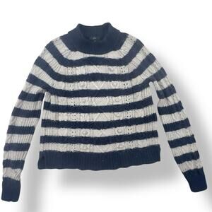 J.Crew Stripe Sweater Nautical Stripe Navy Gray Pom Pom Lambs Wool Mock Neck M